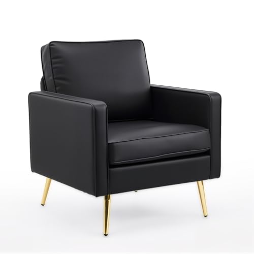 Image of VINGLI Modern Accent Chair, Upholstered Faux Leather PU Armchair with Thick Cushion & Metal Legs, Comfortable Reading Chair for Living Room, Bedroom, Office, Green