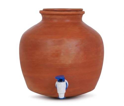 Image of Terracotta Clay Water Pot 12 litres | Earthenware Pot for Storing Water with Lid | Mitti ka Matka 12 litres | Pani ka ghada | Matki with Tap & Lid