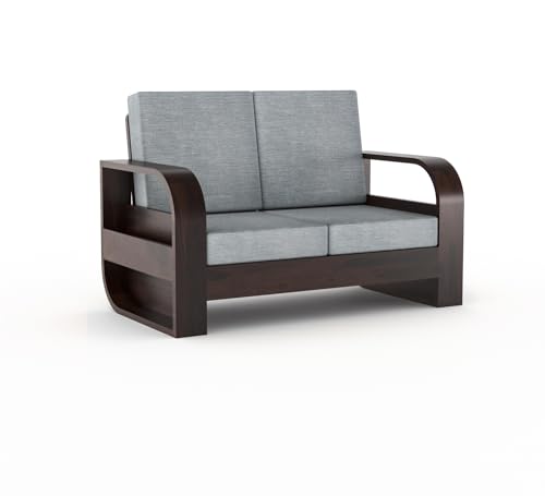 Image of Sheesham Wood 2-Seater Sofa Set - Solid Wood Furniture with Walnut Finish & Grey 40-Density Cushions | Wooden Couch for Living Room & Home Office