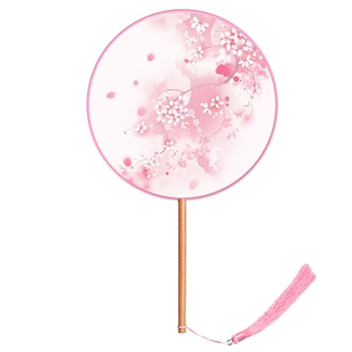 RONGSHEN Ventilador Plegable Semi-Transparente Ventilador Redondo de manejo Largo Ventilador de Borla Bordado Que se USA a Mano Usado por Mujeres para Que coincida con Hanfu Cheongsam