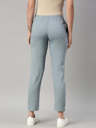 Image of MINELLI Women Solid Cigar Pants, Cotton Lycra Slub Fabric, Elasticated Waistband, Pull On Style, Regular Fit Bottom Wear for Western and Ethnic Wear
