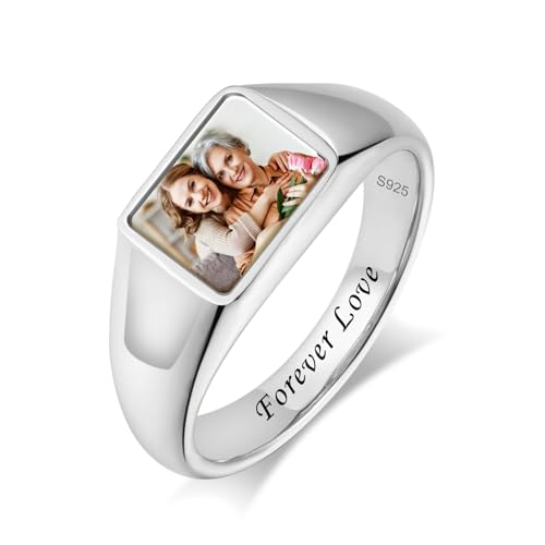 S925 Sterling Silver Custom Photo Ring Mother's Day Jewelry Gift Personalized Memorial Picture Rings with Birthstone Promise Relationship Ring for Women Mom Friend Yourself