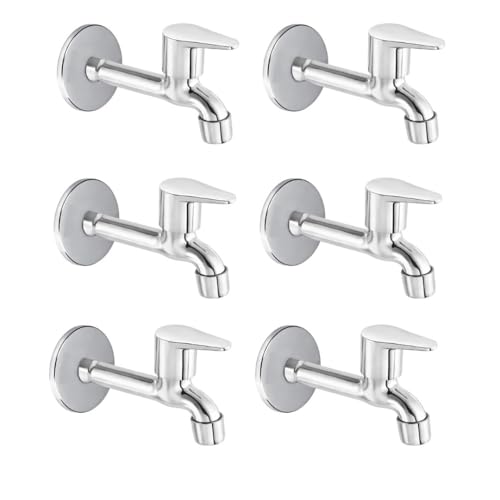 Image of Furiq Bath Fusion Stainless Steel Long Body Tap for Bathroom Kitchen Taps with Chrome Finish and Quarter Turn Fitting (Wall Flange and Teflon Tape) Pack of 6