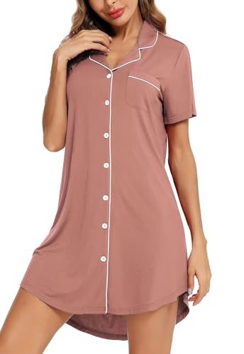 Image of Samring Pajama Nightgown for Women Short Sleeve Button Down Boyfriend Night Gown Nightdress Sleep Shirts