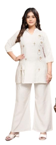 Elegant White Co-Ord Set For Women | Gold Beaded Ethnic Wear | Wedding & Party Outfit - Mocna-picture-37