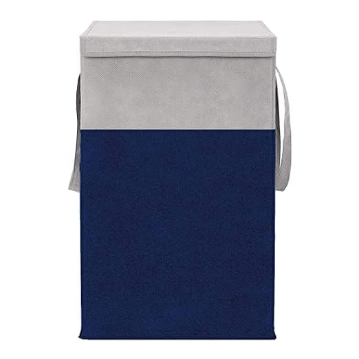 Image of Non Woven Printed Rectangular Foldable Laundry Bag | Lid And Handle Clothes Storage Organiser For Bedroom Dorm Closet Utility Container | 75L Laundry Basket | Grey Navy Blue