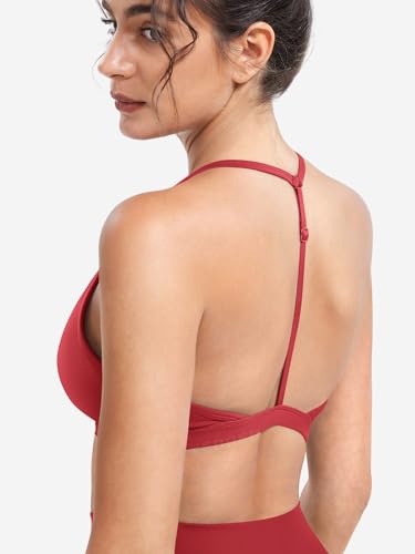 Image of YEOREO CoreFlex Sports Bras for Women Strappy Padded Halter Open Back Light Impact Deep V Neck Yoga Workout Gym Tops