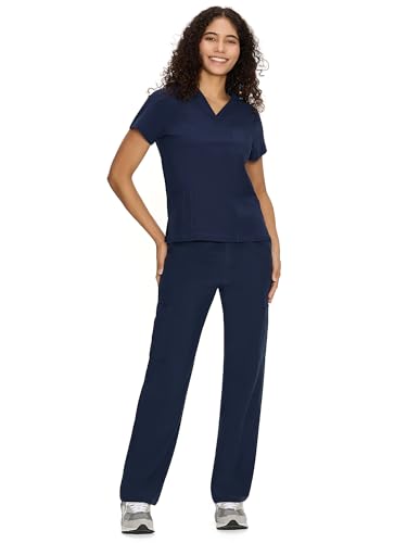 COZYFIT Scrubs for Women Set Medical Uniform - V-Neck Top & Straight Leg Pants with 9 Pockets, Unisex Workwear COZY SCRUBS, Navy Blue, M