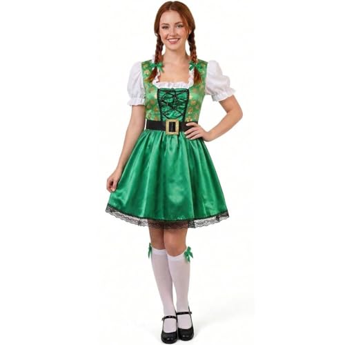 Ladies St Patricks Day Dress - XX-Large - Green Shamrock Print Dress with Corset & Belt - Adults Irish Rugby Football Lady Leprechaun Fancy Dress Costume