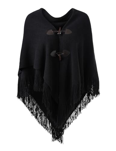 Ferand Women’s Loose Fitting Poncho Cape Shawl with Stylish Horn Buttons, V Neckline and V Hem