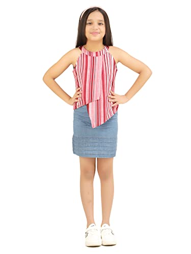 Image of Multicolor Color Striped Denim & Polyester Above Knee Top & Skirt