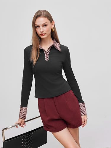 CIDER Long Sleeve Tops Geometric Contrasting Business Casual Top Button Collar Fitted Knit Blouse Shirt2