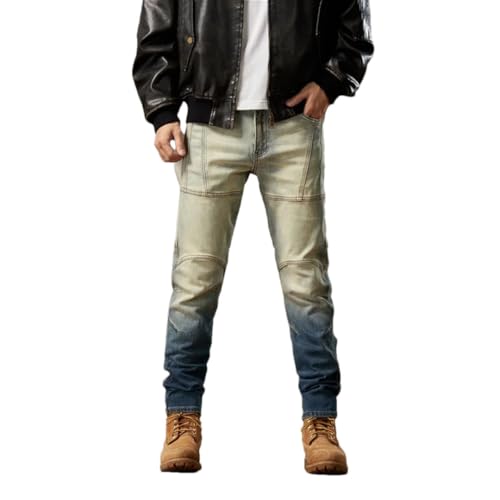 Men's Retro Fashion Motorcycle Jeans Fashionable Stitching Multi-Pocket Fashion Slim Jeans
