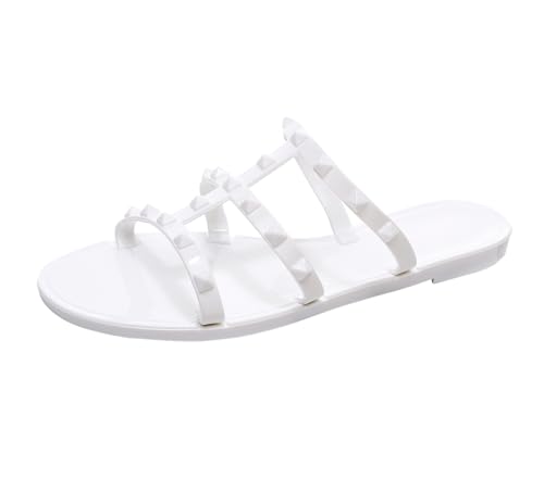 Image of Women Flats Sandals, Studded Jelly Shoes Size 9 Red Dressy Summer Beach Rivets Strappy Jellies Slide Slip On Open Toes