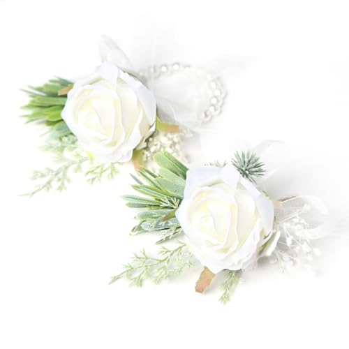 Pack of 2 Ivory Rose Wrist Corsage and Boutonniere Set for Men Wo...
