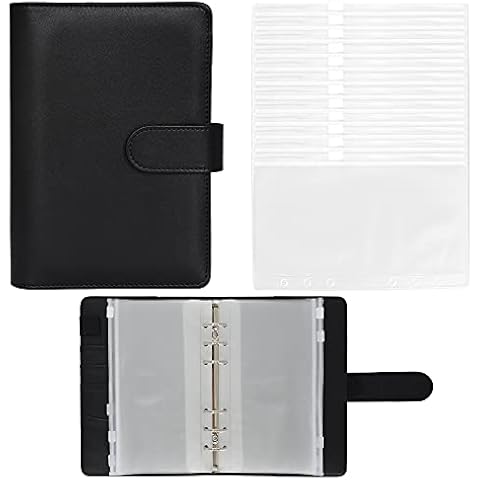 Twavang 15 PCS A6 Binder Pockets with PU Leather Notebook Binder Cover Refillable 6 Round Ring Binder Set for Personal Planner Organizer, Budget Binder, Savings Binder (Black) Cover