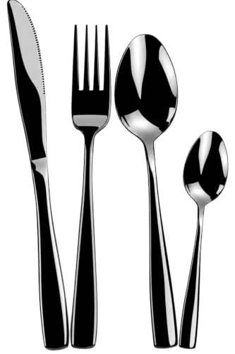 Image of Mirror Polished Black 12 Pcs Stainless Steel Cutlery Set for Dining Table, Dishwasher Safe Glossy Flatware (3 Spoon Set + 3 Forks Set + 3 Butter Knife + 3 Dessert Spoon)