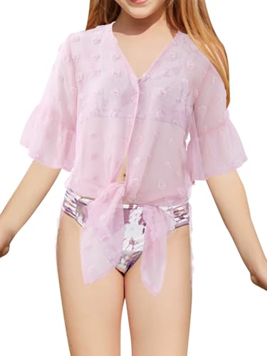 Girls Swimsuit Cover Ups V Neck Sheer Summer Beach Bathing Suit Coverups for Size 4-13Y