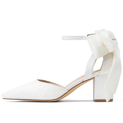 Yremael Women's White Bow Heels Pointed Toe Pumps Satin Ankle Strap Chunky Block Kitten Heel Dress Shoes - image 3