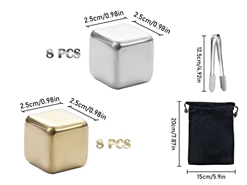 Kellegour 16 Pcs Stainless Steel Ice Cubes,Ice Cubes Whiskey Stones,Reusable Whiskey Stones Ice,Whiskey Stainless Steel Metal Ice Cubes,8 Gold 8 Silver,For Whiskey,Wine Chiller,Beer,Vodka,Liqueurs #TOP1