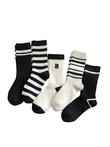 Image of SHENHE Women's 5 Pairs Striped Crew Socks Breathable Sports Soft Mid Calf Socks Black and White 36-39