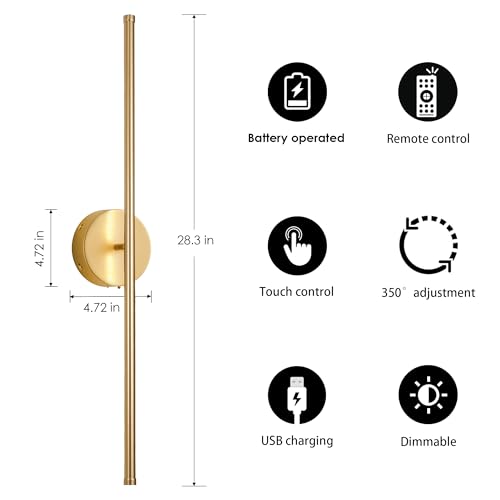 KARTOOSH Battery Operated Wall Sconces with Remote Control, Dimmable Wall Sconces Set of Two, 350°Rotate, 3000K LED Gold Wireless Wall Light for Living Room, Bedroom, Hallway, 28.3 Inch (2 Pack)
