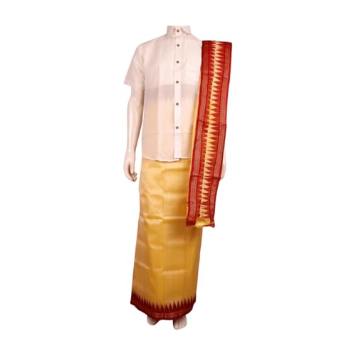 Image of Authentic Sambalpuri Handloom Cotton Unstitched Dhoti with Utari for Men | Traditional Odisha Weave Ikat Dhoti for Festive & Religious Wear
