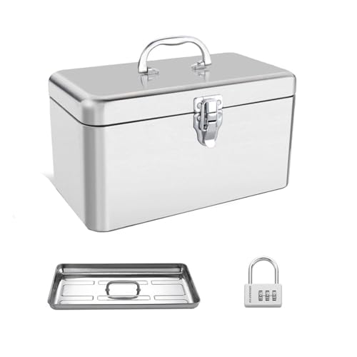 PurezmMoto Heavy Duty Rust Resistant Scratch Resistant Finish Cantilever Toolbox Tool Box Portable Stainless Steel Storage Box With Dual Lock Secured,With Handle And Removable Tray(L)