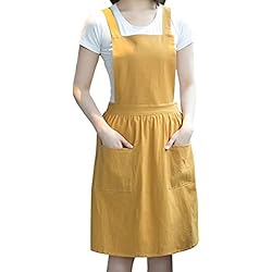 Ropa De Trabajo Para Cafeteria Barrageon Mujeres Largo Delantales 2 Bolsillos Correas Ajustable Algodón Cafetería Restaurante Vintage Barbacoa Bar Arreglos Florales Cafetería Cocinar Hornear Ropa de Trabajo Unisexo (Amarillo)