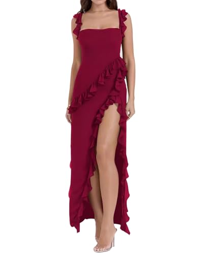 Image of houstil Women's Casual Summer Dress Strap Ruffle Beach Party Maxi Cocktail Evening Holiday Wedding Guest Dresses