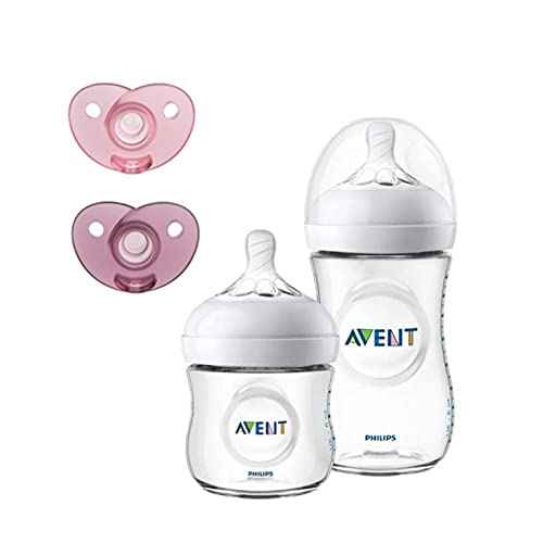 2 Mamadeiras Pétala 125 260 ML Transparente, 2 chupetas Modelo Soothie Rosa, Philips Avent