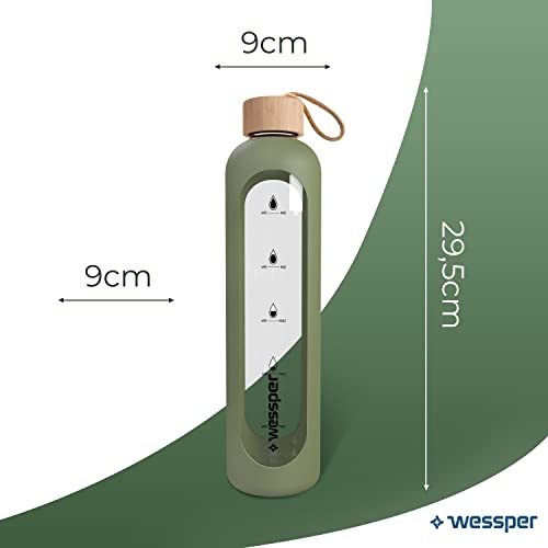 Wessper Bouteille d’eau de Motivation en Verre avec Temps Horaire 1L, une Gourde en Verre Hermétique avec Couvercle en Bambou 1 Litre Réutilisable avec Housse en Silicone, Olive