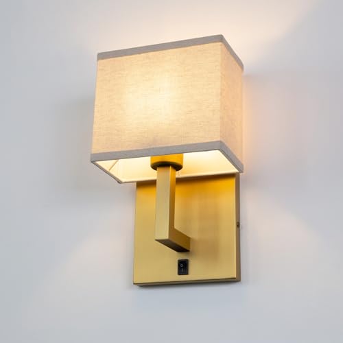 Image of Yosoan Linen Boho Fabric Wall Sconce with On Off Switch, 1-Light Brass Vanity Retro Hardwired Indoor Vintage Industrial Wall Mount Lamp Fixture Lighting for Bedside Living Room Stairwell(Antique)