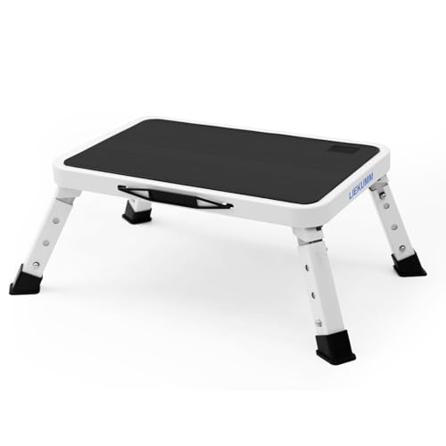 LIEKUMM Sgabello pieghevole, portata 150 kg, altezza regolabile in 3 livelli, scala in acciaio per campeggio, roulotte, cucine, bagni, pedana per piedi, colore bianco