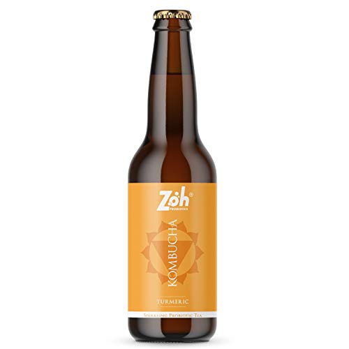 Image of Zoh Probiotics Turmeric Kombucha | Tea with detoxifying acids, and digestive enzymes. Raw, unfiltered, and unpasteurized with Mother. Made with Organic Turmeric, Amla & Tulsi (330 ml, Pack of 12)