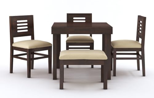 Image of MAMTA DECORATION Sheesham Wood 4 Seater Dining Table Set | Four Seater Dinner Table with 3 Cushions Chairs & 1 Bench | Dinning Table Set 4 Seater for Living Room, Hotels & Restaurant, Walnut Finish