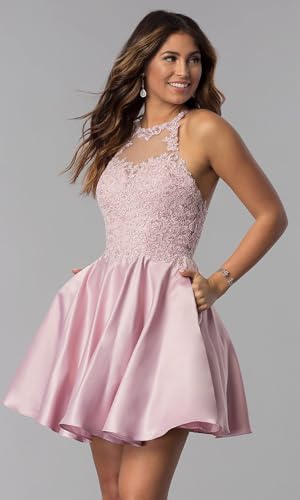 Satin Lace-Applique Homecoming Dresses Short with Pockets Halter Cocktail Dresses for Teens WD0293