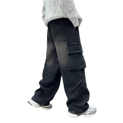 Boys Baggy Cargo Jeans Elastic Waist Stretchy Wide Leg Vintage Demin Pants Teens Flap Pockets Pants Y2K Streetwear2