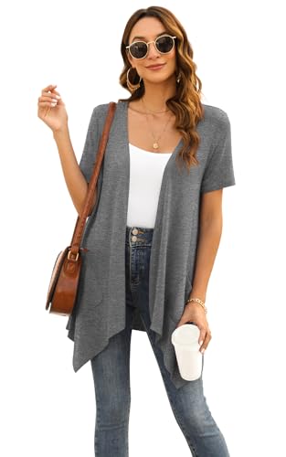 Image of Veryoung Floral Short Sleeve Cardigans for Women Casual Drape Open Front Lightweight Summer Cardigan with Pocket High Low Hem