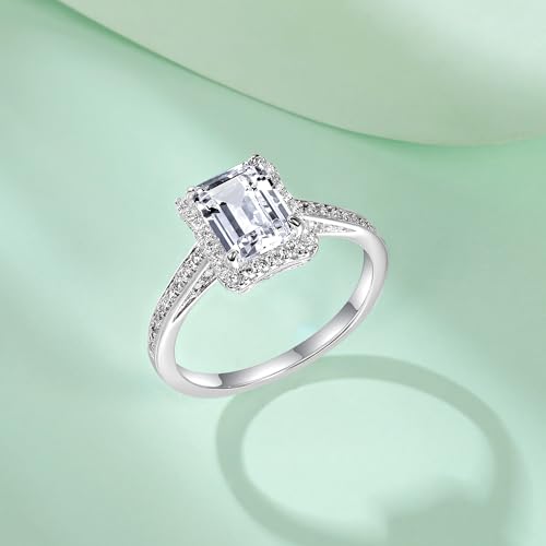 TIKJE Emerald Cut Cubic Zirconia Engagement Ring for Women Halo Design with Pave Fake Diamonds, 18K White Gold Plated, Promise Engagement Wedding Band Gift For Her Size 6-92