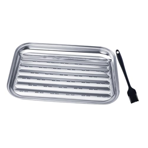 SUPVOX 1 Set Stainless Steel Bbq Grill Tray with Brush Wave Pattern Baking Sheet for Outdoor Cooking Camping and Picnics Durable Reusable Food Serving Platter with Drainage Design