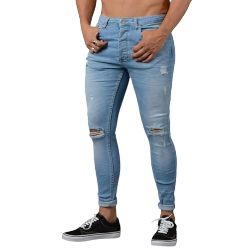 Jeans Pants Trouser Denim Ripped Elastic Tight Fitting Street Trendy Washed Small Leg for Men