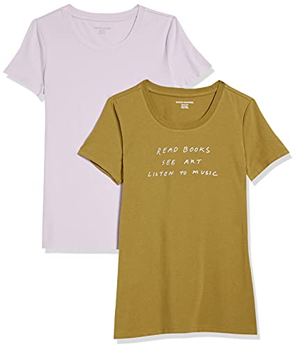 Amazon Essentials Women's Classic Fit Short Sleeve Crewneck Graphic T-Shirt, 2-Pack Olive-Read Books/Lavender, X-Large