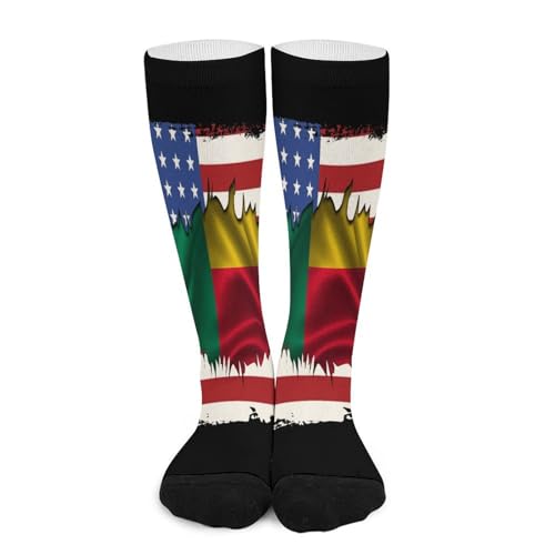 Melbrakin Drapeau de l'amitié entre l'Amérique, le Bénin et le Bénin Chaussettes de compression pour femmes et hommes, mi-hautes, idéales pour la course à pied et les voyages.
