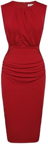 GRACE KARIN Women's Ruched Bodycon Dress Summer Sleeveless Front Drape Patchwork Crew Neck Midi Cocktail Dress