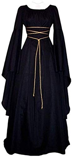 Femmes Taille Plus Solide Vintage Style Renaissance Manches Longueur Simple Bandage Langes Robe De Fête Costume Médiéval Servante Lady Marianne Robin des Bois (Color : Schwarz, One Size : XL) Cover