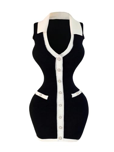 MakeMeChic Women's Sweater Mini Dress V Neck Button Down Knit Sleeveless Short Dresses