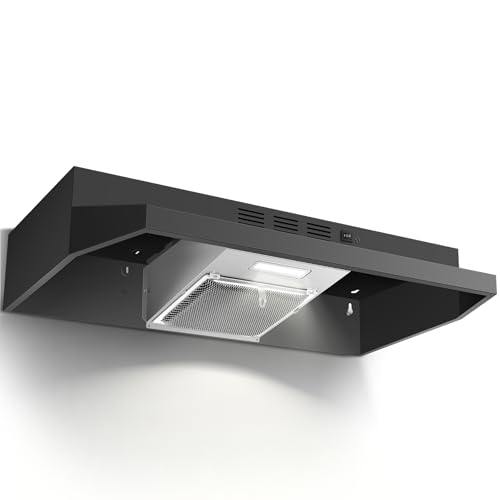 Zomagas 24 inch Range Hood Under Cabinet Black Kitchen Hood 280CFM Ducted/Ductless Vent Hood with Rocker Button Control Stove Hood with 2 Speeds Fan Bright LED Light
