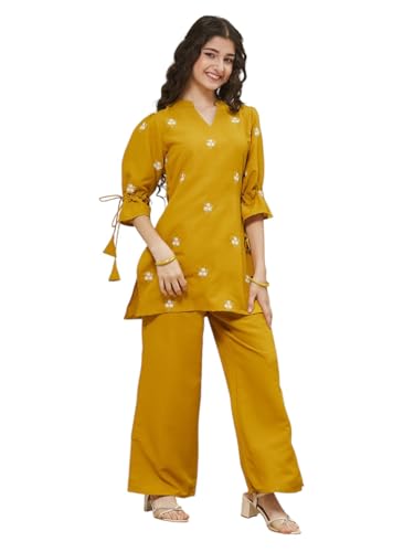 Image of Girls Floral Embroidered Kurta and Palazzo Pants Co-ord Set with V Neck Elegant Traditional Outfit for Festive and Functions