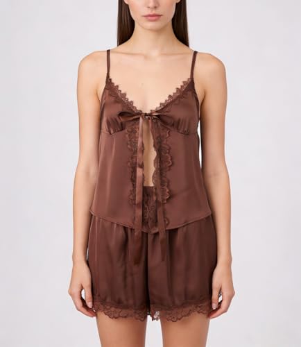 Image of ROAONOCOMO Women Lace Trim Pj Shorts Set Square Neck Coquette Tank Top Silk Satin Pajama Set Babydoll 2 Piece Shorts Outfit